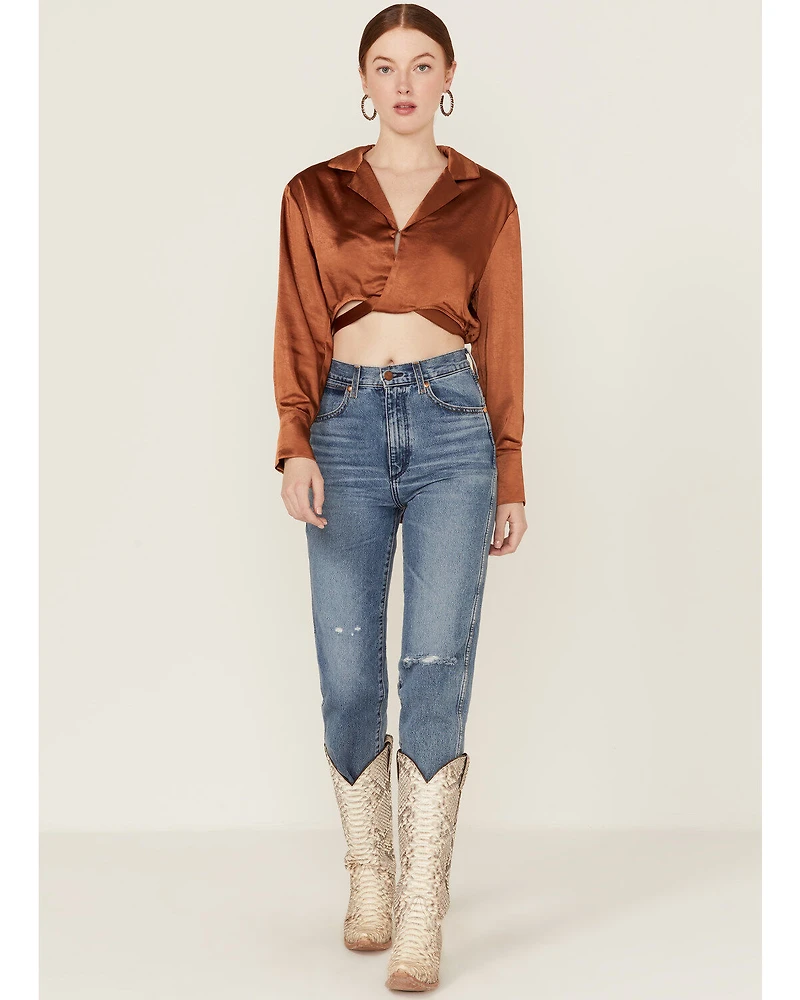 Lush Women's Satin Wrap Tie Waist Crop Top