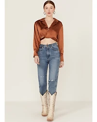 Lush Women's Satin Wrap Tie Waist Crop Top