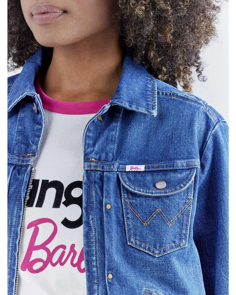 Wrangler® X Barbie™ Women's Dark Wash Logo Zip Front Denim Jacket