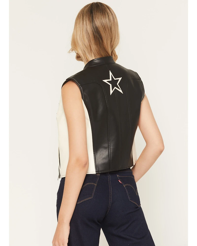 Stoosh Women's Star Faux Leather Zip-Up Vest