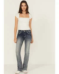 Grace LA Women's Medium Wash Fleur De Lis Embroidered Mid Rise Bootcut Stretch Denim Jeans