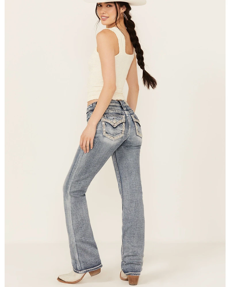 Miss Me Women's Medium Wash Mid Rise 34" Bootcut Stretch Denim Jeans