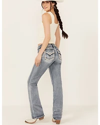 Miss Me Women's Medium Wash Mid Rise 34" Bootcut Stretch Denim Jeans
