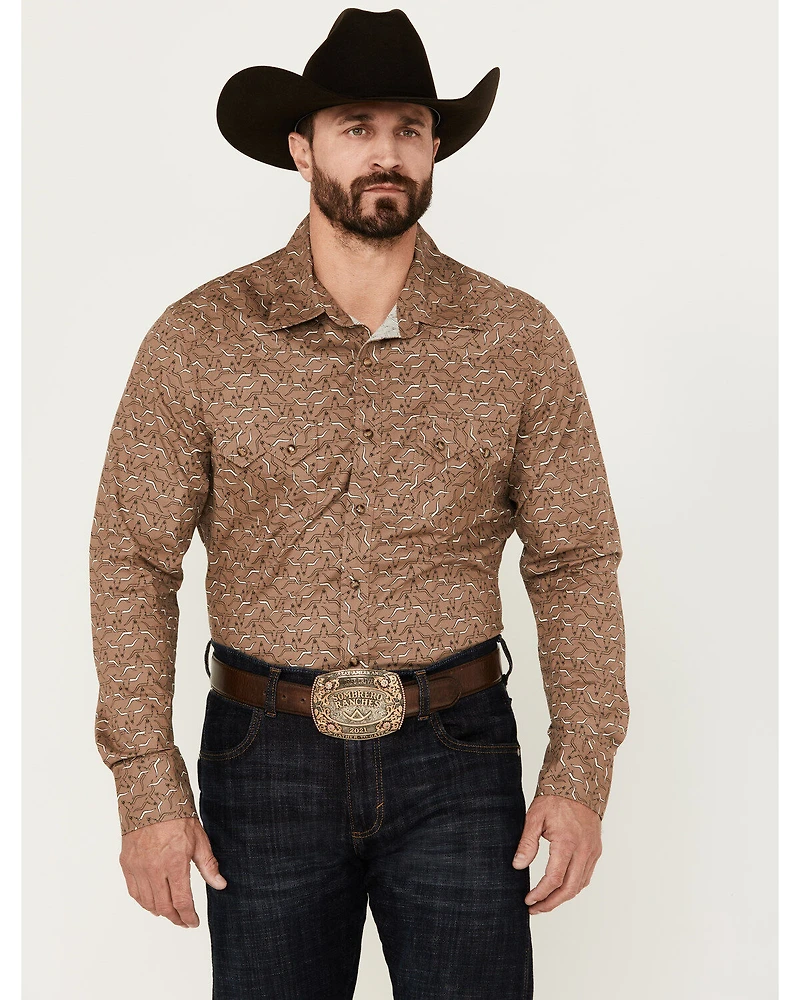 Rock & Roll Denim Men's Longhorn Print Long Sleeve Pearl Snap Stretch Western Shirt
