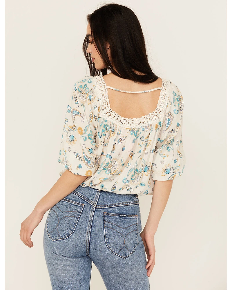 Wild Moss Women's Floral Print Long Sleeve Peasant Top