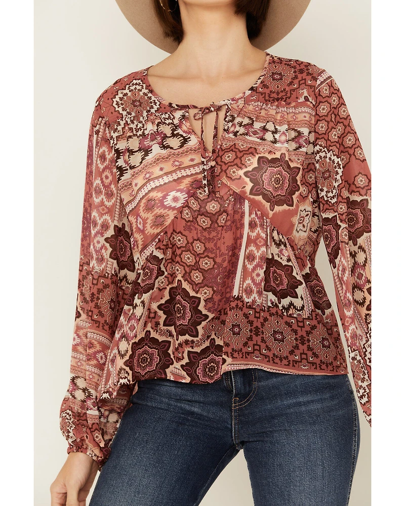 Shyanne Women's Printed Chiffon Long Sleeve Peasant Top