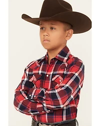 Ely Walker Boys' Plaid Print Brushed Flannel Long Sleeve Pearl Snap Western Shirt