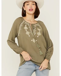 Miss Me Women's Olive Embroidered Southwestern Tassel Top