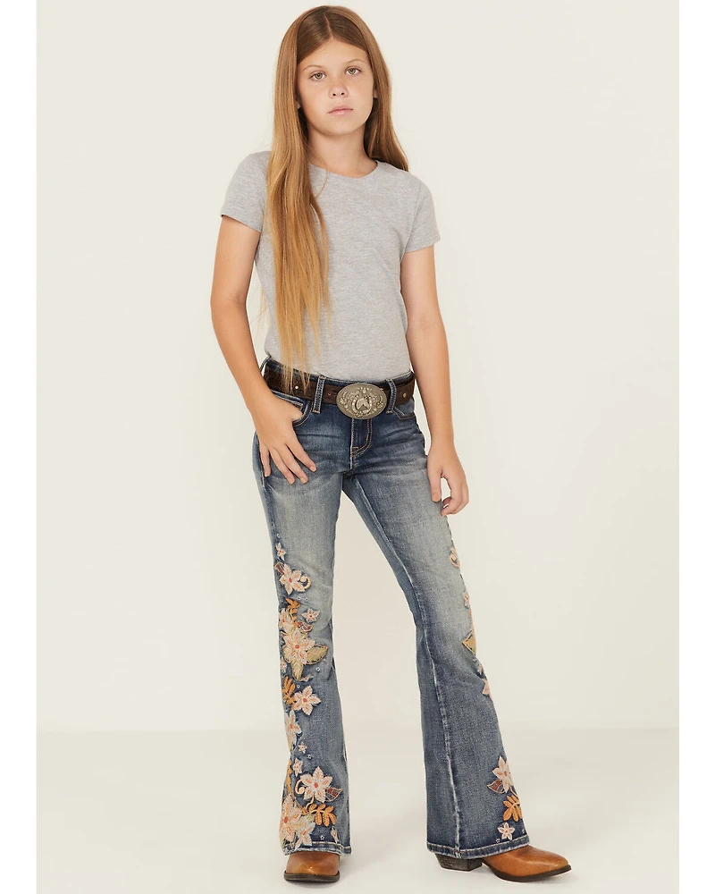 Grace LA Girls' Light Wash Floral Embroidered Flare Stretch Denim Jeans