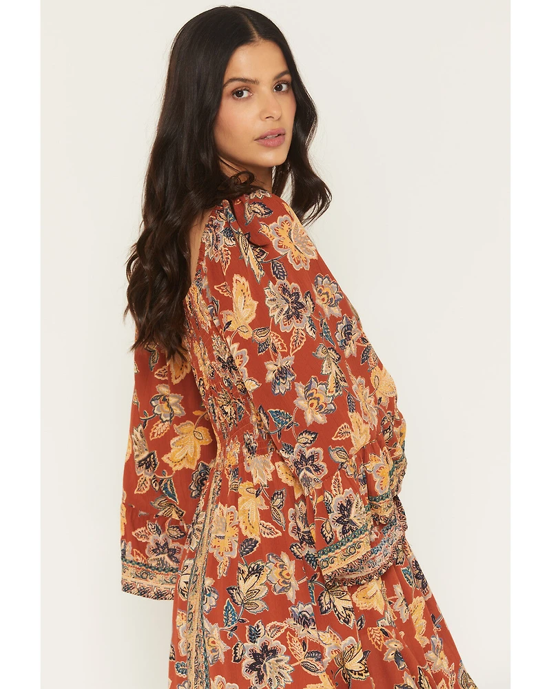 Angie Women's Floral Knot Front Long Sleeve Midi Dress