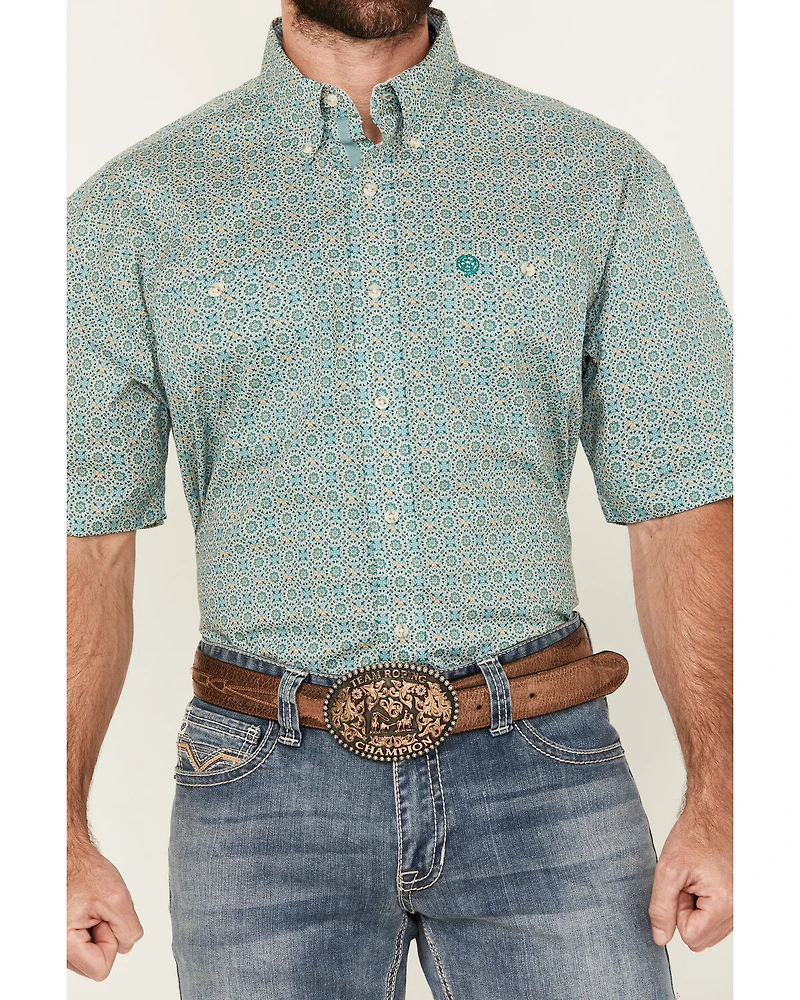 George Strait by Wrangler Men's Geo Print Short Sleeve Button-Down Stretch Western Shirt