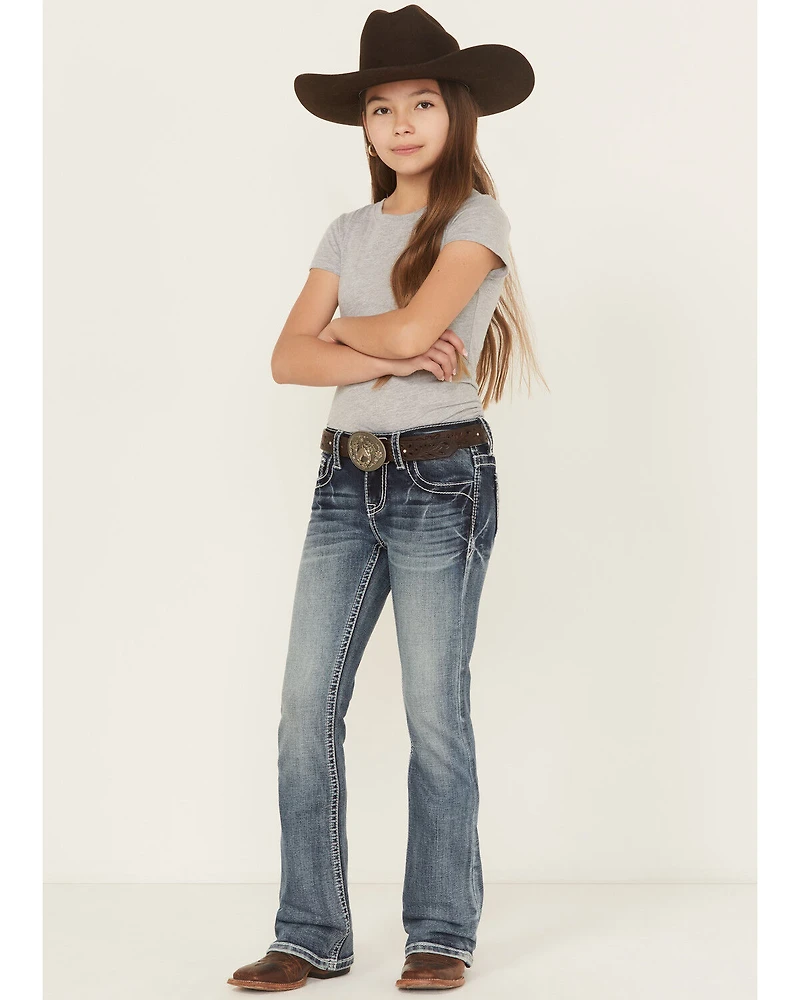 Grace LA Girls' Medium Wash Geo Diamond Pocket Bootcut Stretch Denim Jeans