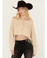 Blue B Women's Rhinestone Fringe Long Sleeve Cropped Henley Shirt