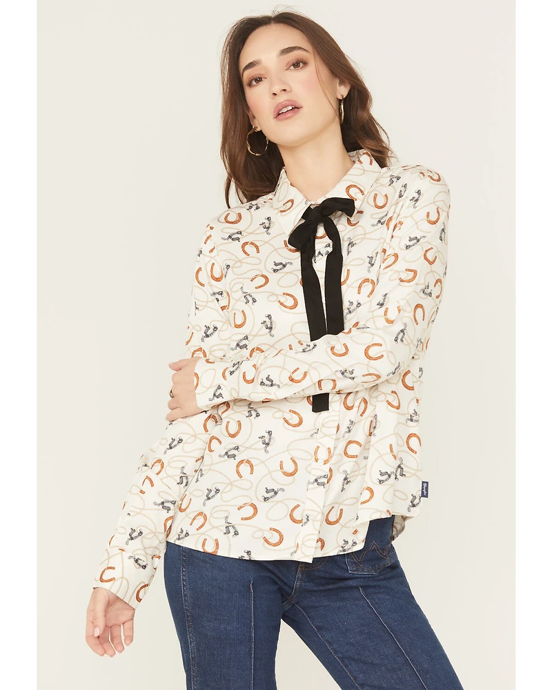 Wrangler Retro Women's Horseshoe Print Neck Tie Long Sleeve Button-Down Western Shirt