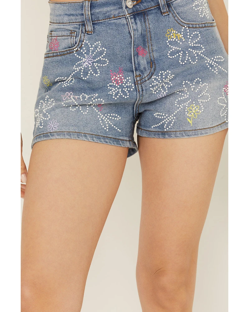 Vibrant Denim Women's Medium Wash High Rise Floral Embellished Shorts