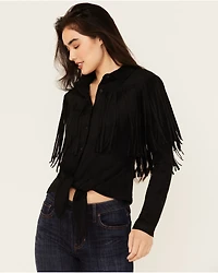 Idyllwind Women's Fate Faux Suede Fringe Long Sleeve Button-Down Tie-Front Shirt