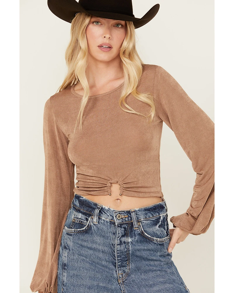 Rock & Roll Denim Women's Metal Ring Long Sleeve Cropped Top