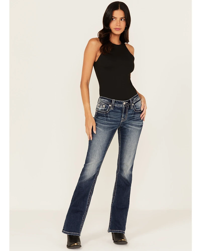 Miss Me Women's Dark Wash Mid Rise Geo Pocket 32" Bootcut Stretch Denim Jeans