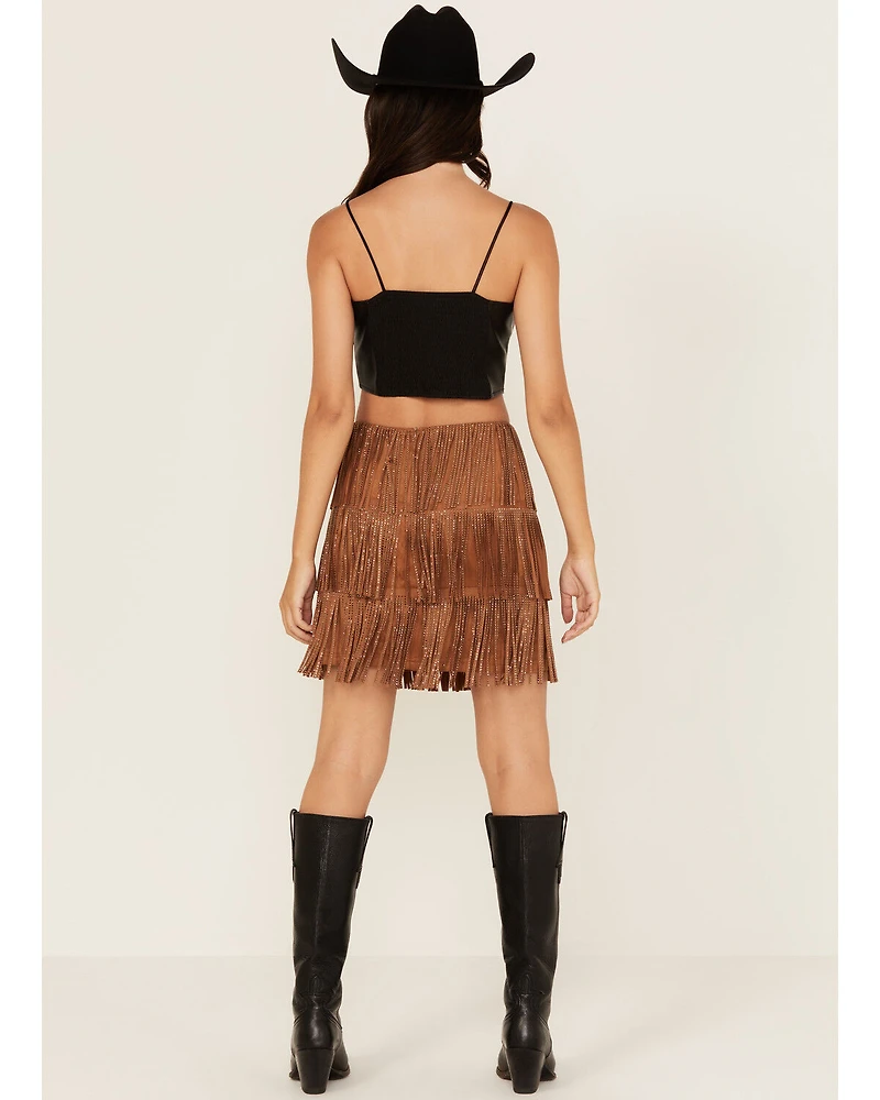 Fornia Women's Rhinestone Fringe Faux Suede Mini Skirt