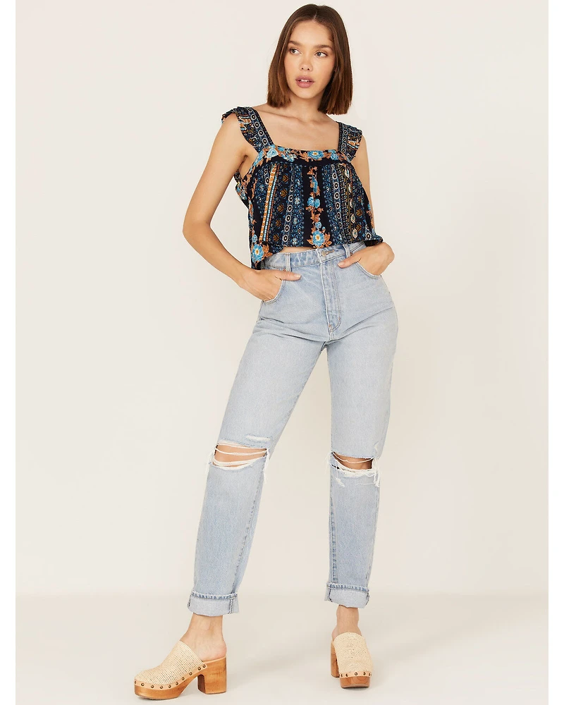 Band of the Free Women's Sleepless Nights Stripe Floral Print Ruffle Sleeveless Top