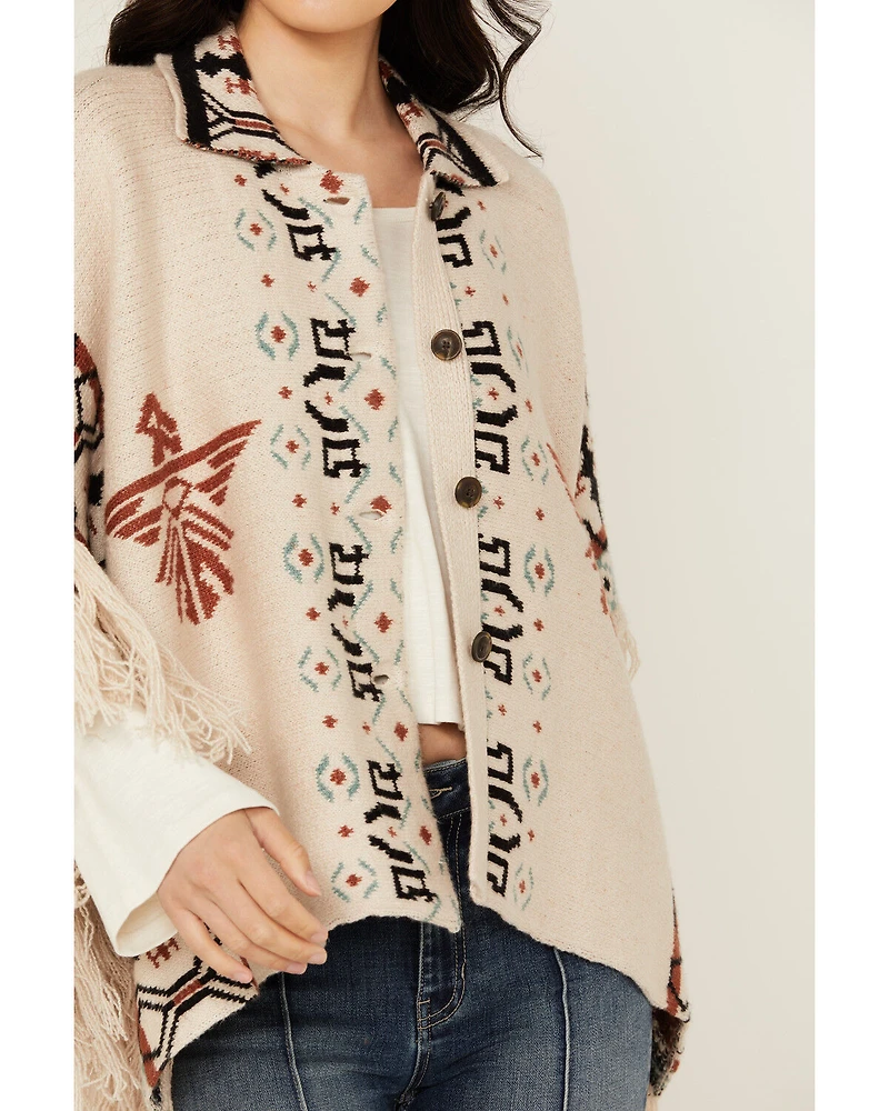 Idyllwind Women's Flyaway Southwestern Print Fringe Button-Down Poncho