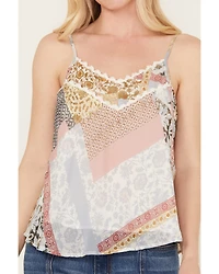 Wild Moss Women's Patchwork Print Crochet Trim Top