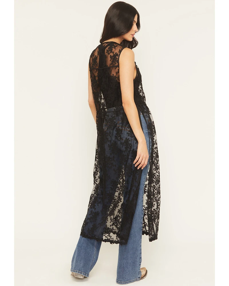 Listicle Women's Sleeveless Floral Lace Tie Front Kimono