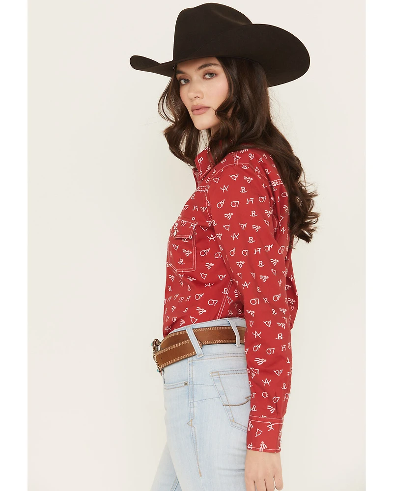 Cowgirl Hardware Women's Branding Print Long Sleeve Rhinestone Snap Stretch Western Shirt