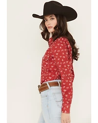 Cowgirl Hardware Women's Branding Print Long Sleeve Rhinestone Snap Stretch Western Shirt