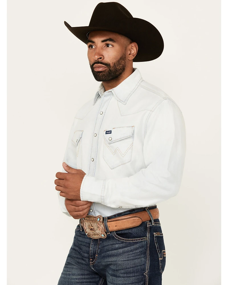Wrangler Men's Light Wash Vintage Solid Long Sleeve Snap Western Shirt