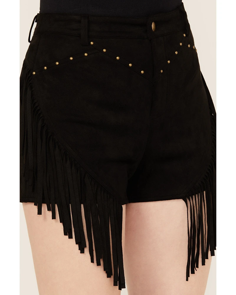 Blue B Women's Mid Rise Faux Suede Studded Fringe Shorts