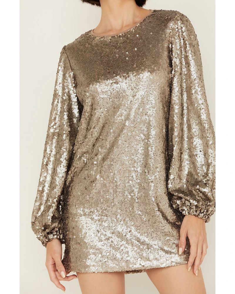 Rock & Roll Denim Women's Sequin Puff Long Sleeve Mini Dress