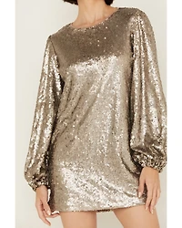 Rock & Roll Denim Women's Sequin Puff Long Sleeve Mini Dress