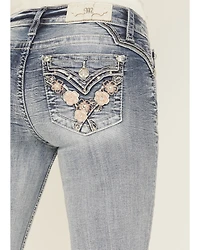 Miss Me Women's Light Wash Mid Rise Floral Embroidered 34" Bootcut Stretch Denim Jeans