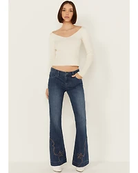 Rock & Roll Denim Women's Dark Wash Mid Rise Hem Stitched Trouser Stretch Jeans