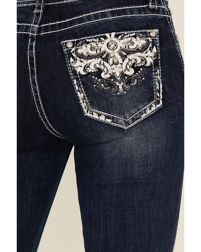 Grace LA Women's Dark Wash Embellished Mid Rise Bootcut Stretch Denim Jeans