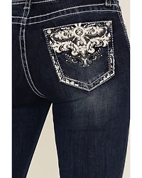 Grace LA Women's Dark Wash Embellished Mid Rise Bootcut Stretch Denim Jeans