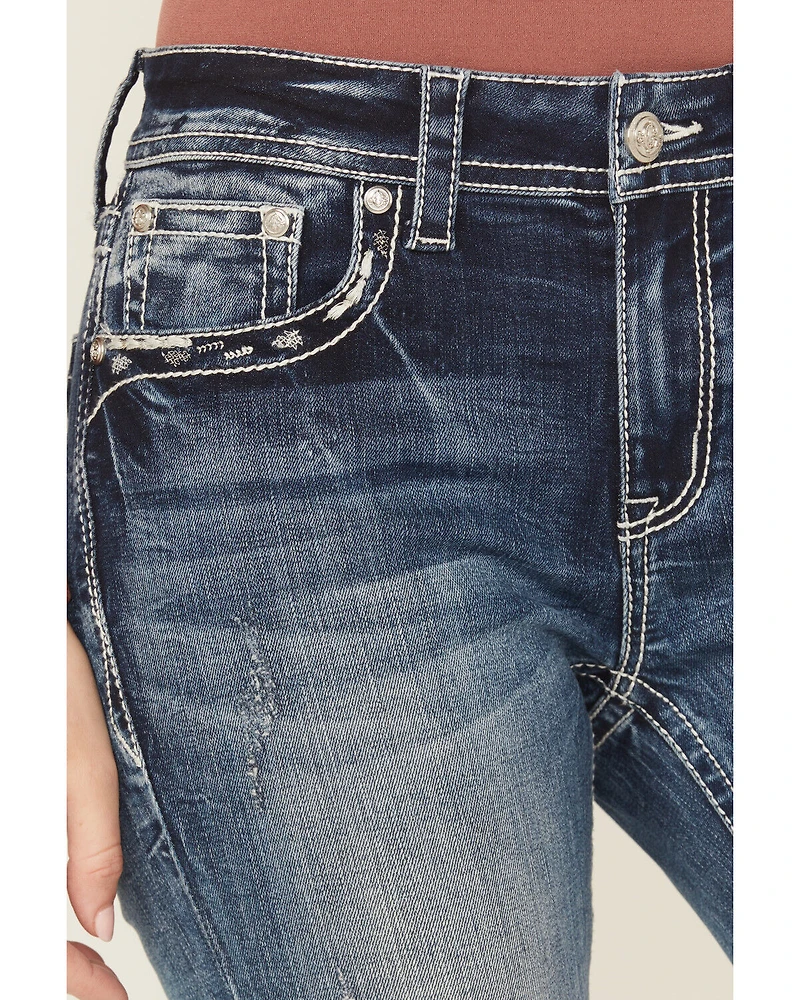 Grace LA Women's Medium Wash Mid Rise Embroidered Cross Bootcut Stretch Denim Jeans