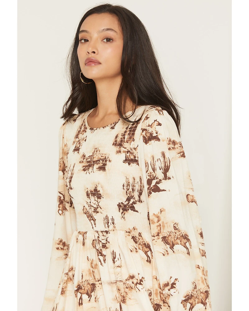 Wrangler Retro Women's Horses Conversational Print Long Sleeve Smocked Mini Dress