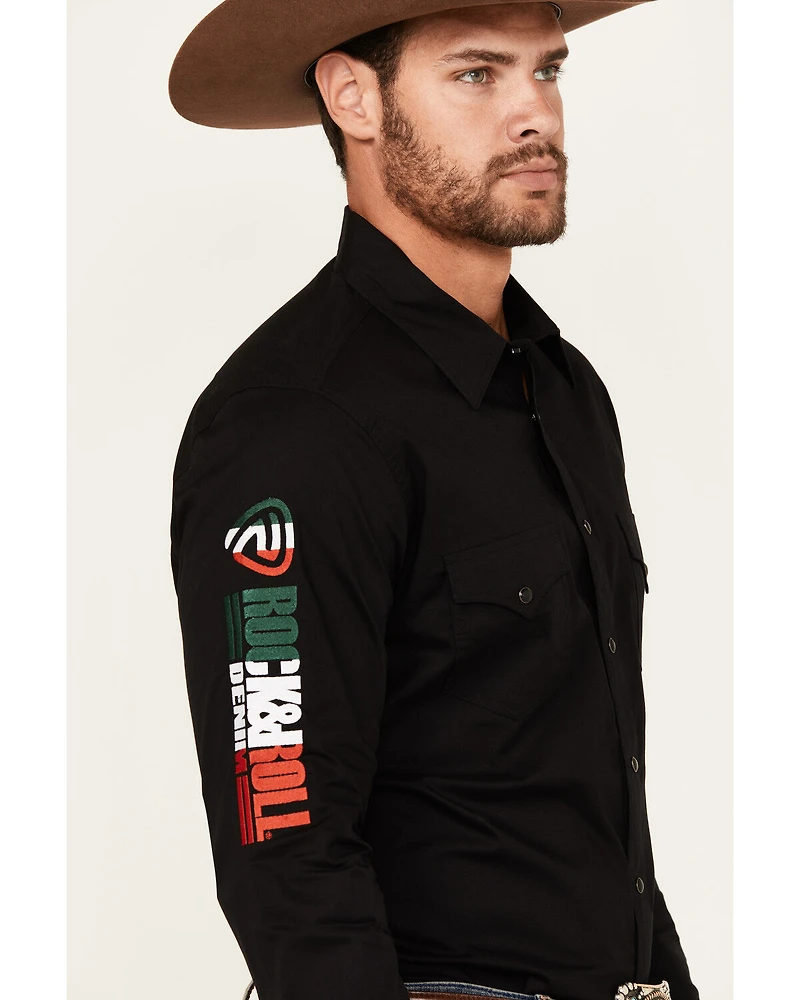 Rock & Roll Denim Men's Mexico Flag Embroidered Logo Long Sleeve Snap Stretch Western Shirt
