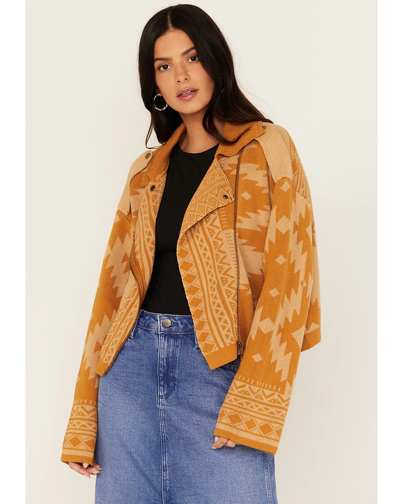 Miss Me Women's Southwestern Print Knit Moto Jacket