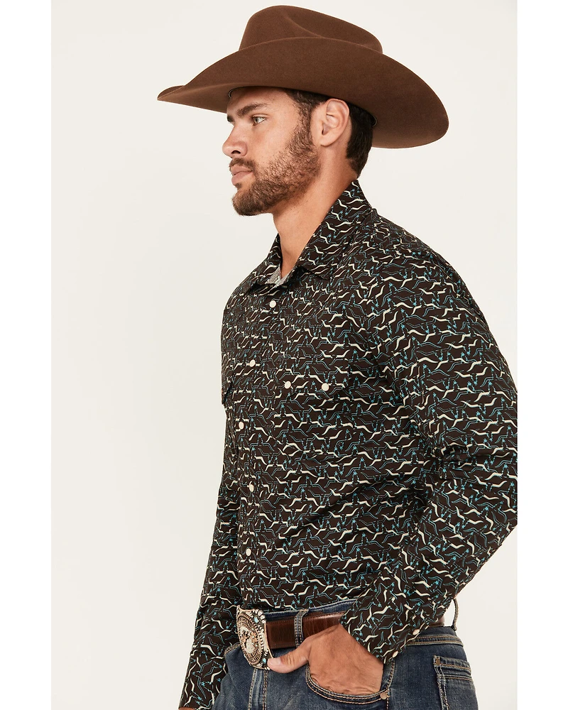 Rock & Roll Denim Men's Long Horn Print Sleeve Snap Stretch Western Shirt
