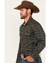 Rock & Roll Denim Men's Long Horn Print Sleeve Snap Stretch Western Shirt