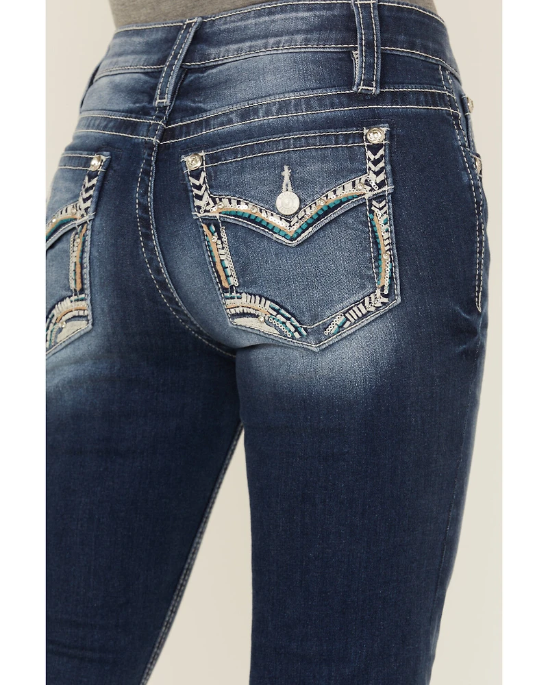 Shyanne Women's Embroidered Dark Wash Mid Rise Bootcut Stretch Denim Jeans