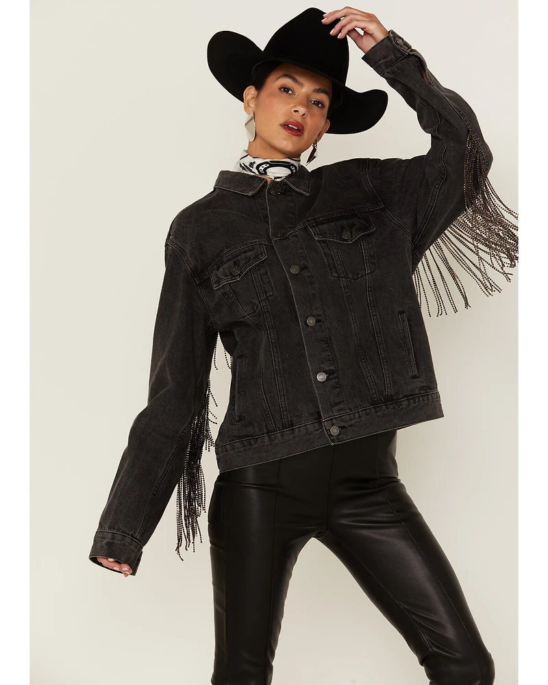 The Andy Jacket by DanielXDiamond: Women's Gray Denim With Gunmetal Fringe