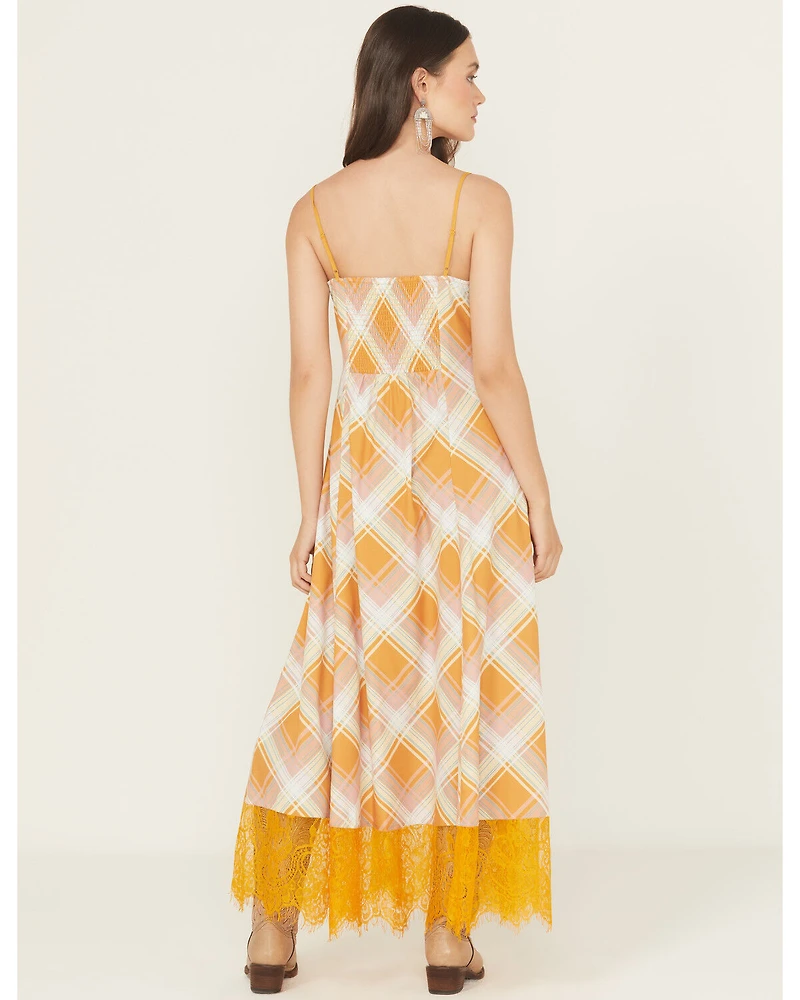 Beyond The Radar Women's Plaid Print Lace Trim Sleeveless Maxi Dress