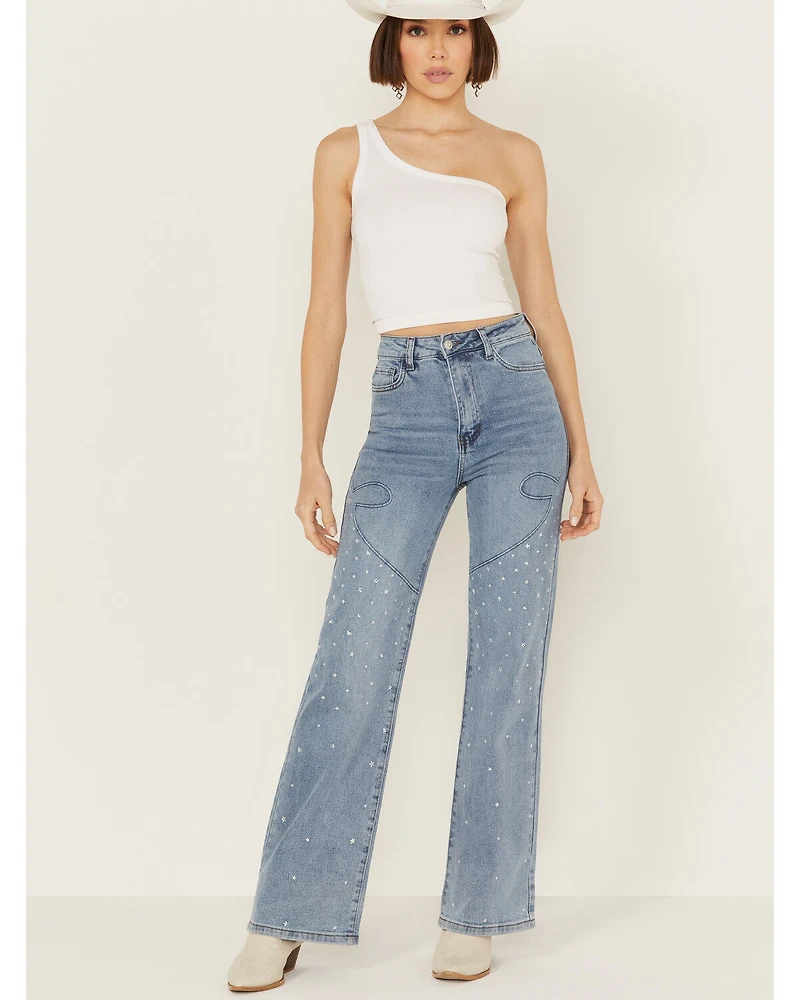 Vibrant Denim Women's Medium Wash High Rise Wide Leg Embellished Jeans