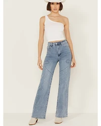 Vibrant Denim Women's Medium Wash High Rise Wide Leg Embellished Jeans