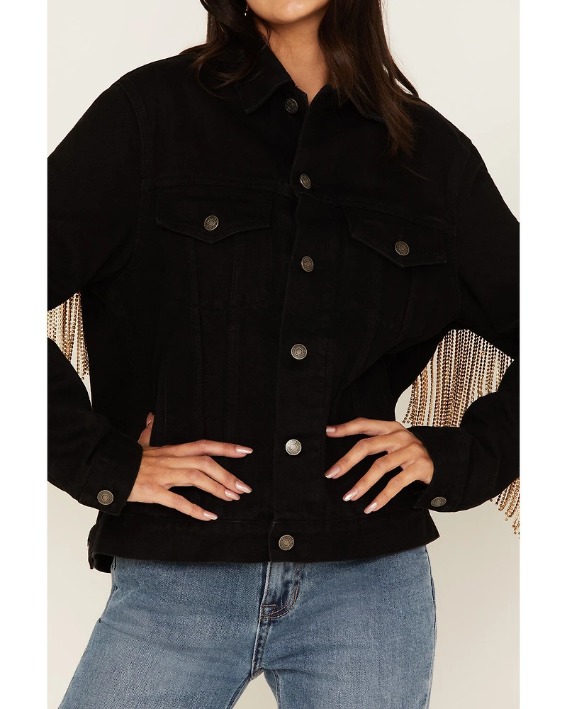 The Harley Jacket by DanielXDiamond: Women's Black Denim with Gold Fringe