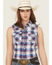 Shyanne Women's Dobby Plaid Print Sleeveless Snap Western Shirt